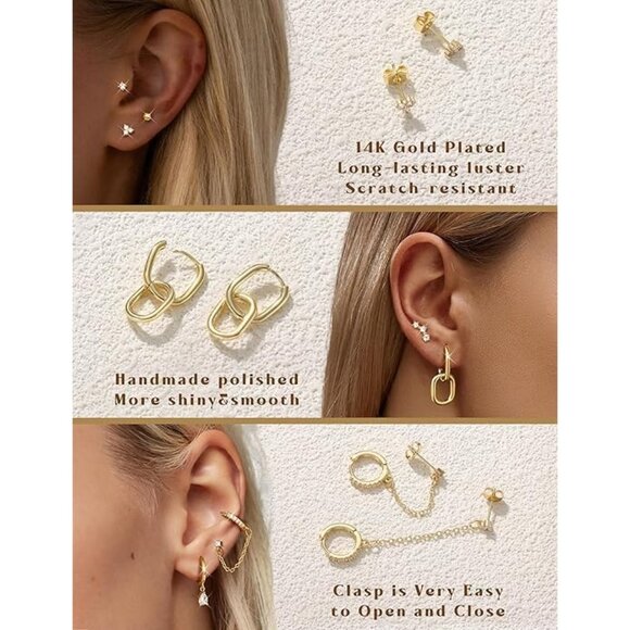 ⚡Gold Plated Hoop Stud and Chain Earrings Set for Women Fashion Jewelry Multiple - Picture 2 of 6